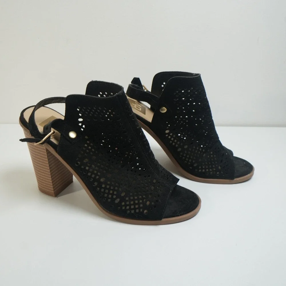 DV Dolce Vita Sandal Booties Women 7 Black Laser Cut Perforated‎ Block Heel Boho